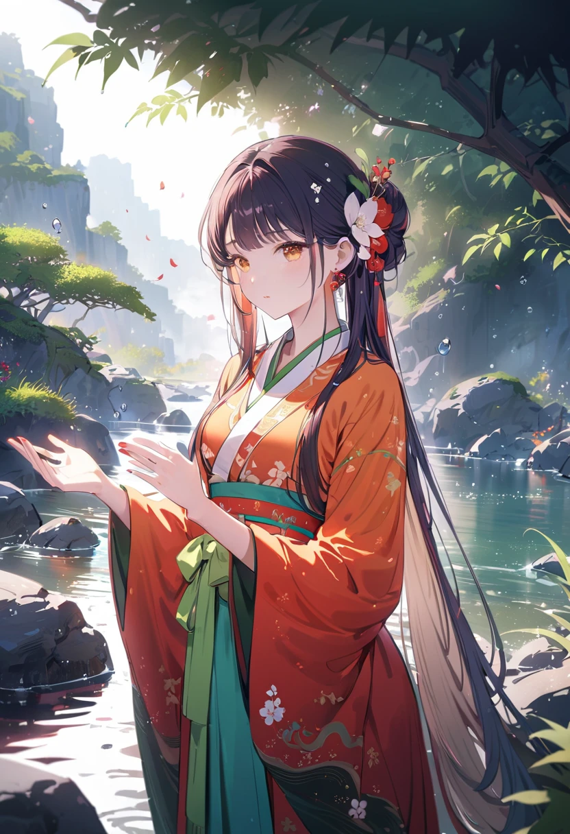 A beautiful young girl in traditional Chinese hanfu dress, dancing gracefully in the rain, detailed facial features, long dark hair, elegantpose, serene expression, beautiful water droplets, dramatic lighting, cinematic atmosphere, highly detailed, 8K, photorealistic, vibrant colors, beautiful natural scenery, lush greenery, intricate fabric textures，Exquisite makeup
