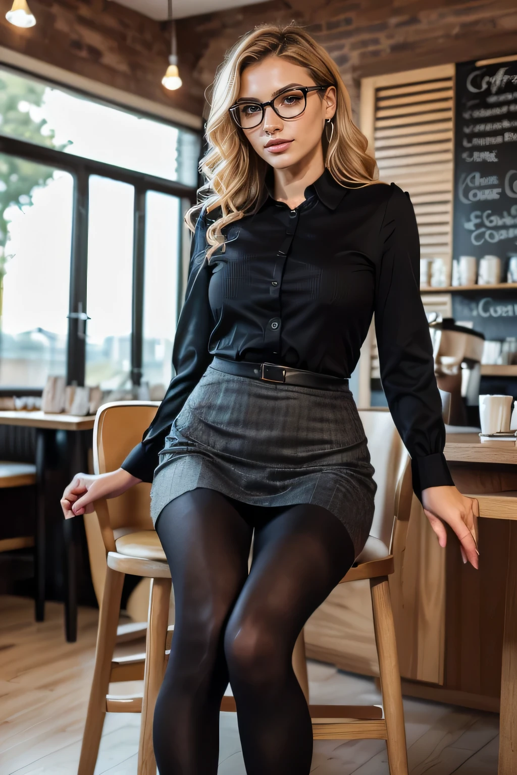 high quality,16K:1.1),((, German women sitting on chairs in a coffee shop）Facing each other across the desk,Chatting 、(Full Body Shot:1.2),(),Blonde wavy hair、Glasses、ear piercing、smile、Beautiful teeth alignment、((Long sleeve blouse、Knee-length skirt、tights、pumps)), ,(View your audience:1.3),The background is a coffee shop
