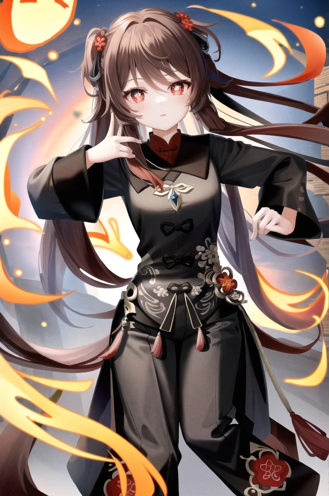 masterpiece, best quality,
1 Girl, Hu Tao (Genshin Impact), Boo people,have, Red Eyes, Double tail, Brown hair, Solitary, Symbol-shaped pupil, Long hair,Bangs, Black shorts , Chinese clothes,