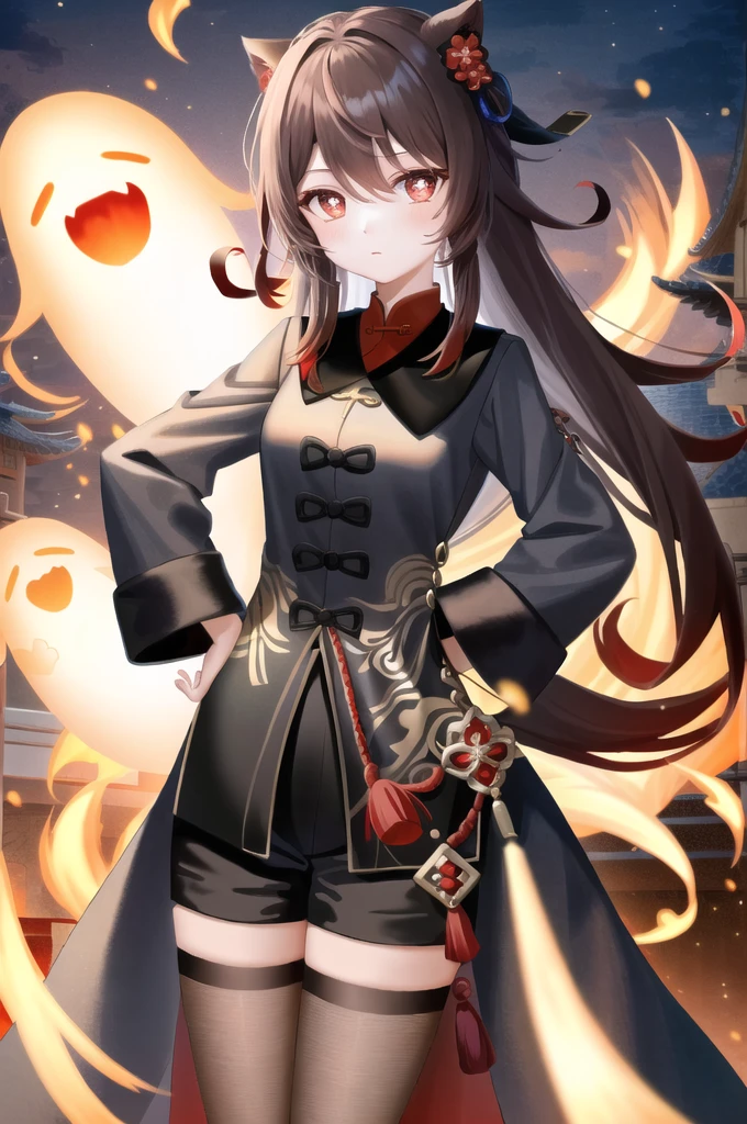 masterpiece, best quality,
1 Girl, Hu Tao (Genshin Impact), Boo people,have, Red Eyes, Double tail, Brown hair, Solitary, Symbol-shaped pupil, Long hair,Bangs, Black shorts , Chinese clothes,