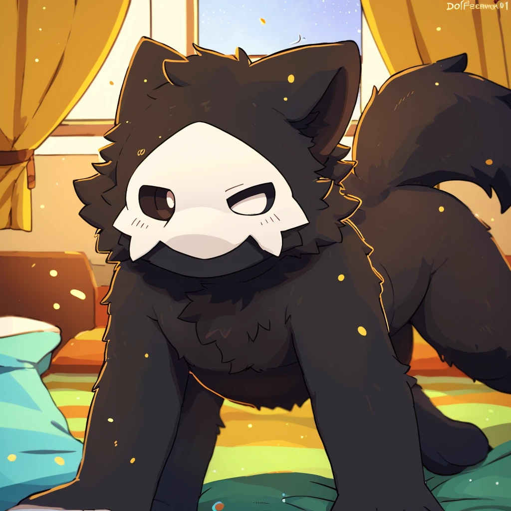 by donkeyramen, wfa, (coffeesoda:1.1), hioshiru, zackary911 depth of field, perfect lighting, light particles,(best quality),(masterpiece),(ultra detailed),sharp focus, puro, smile, solo, tail, pov, close-up, upper body, windows, curtains, bedroom, all fours, one eye closed,