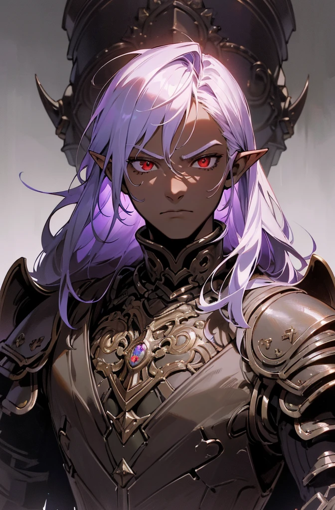 masterpiece, best quality, ultra high res, dark theme, 1boy, (dungeonpunk armor), (mechanical steampunk armor), (wearing armor), fantasy illustration, dark skinned, human, upper body, portrait, red eyes, long white hair, half-drow, pointy ears, serious face, young man, dramatic lighting, purple hue, art by Kinema Citrus