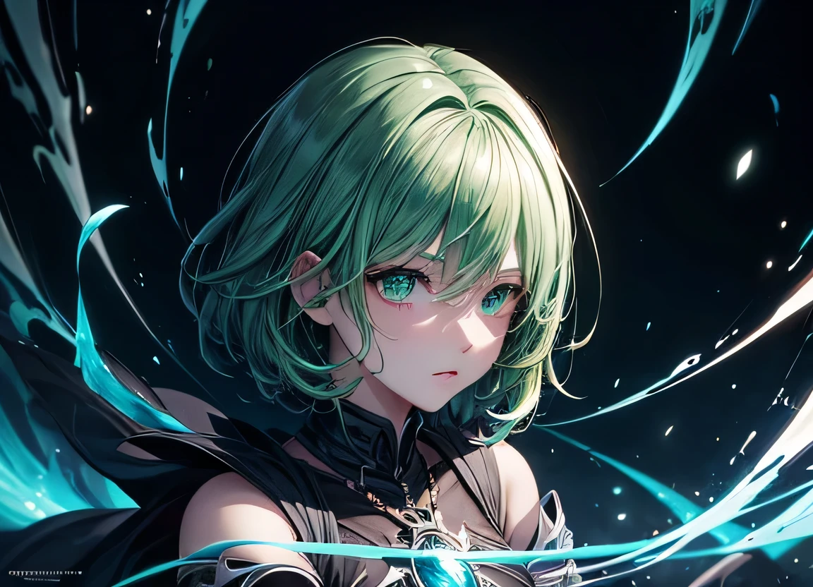 (masterpiece:1.2、highest quality), (Exquisite eyes: 1.2), (Detailed Background、Dark fantasy), (beauty detailed face), High Contrast, (Best lighting、Very delicate and cute), ((Cinema Lighting) )), colorful, Hyper Detail, Dramatic Light, Intricate details, (1 girl, solo, green short hair, green hair, Sharp Face, green eyes, Hair green between the eyes, Dynamic Angle), Black light swirling around the character, Depth of written boundary, black light particles, Nightcore, black magician, Spectacular anime style, zerochan art, Anime Wallpaper, Burning, High quality anime art style, Key Anime Art
