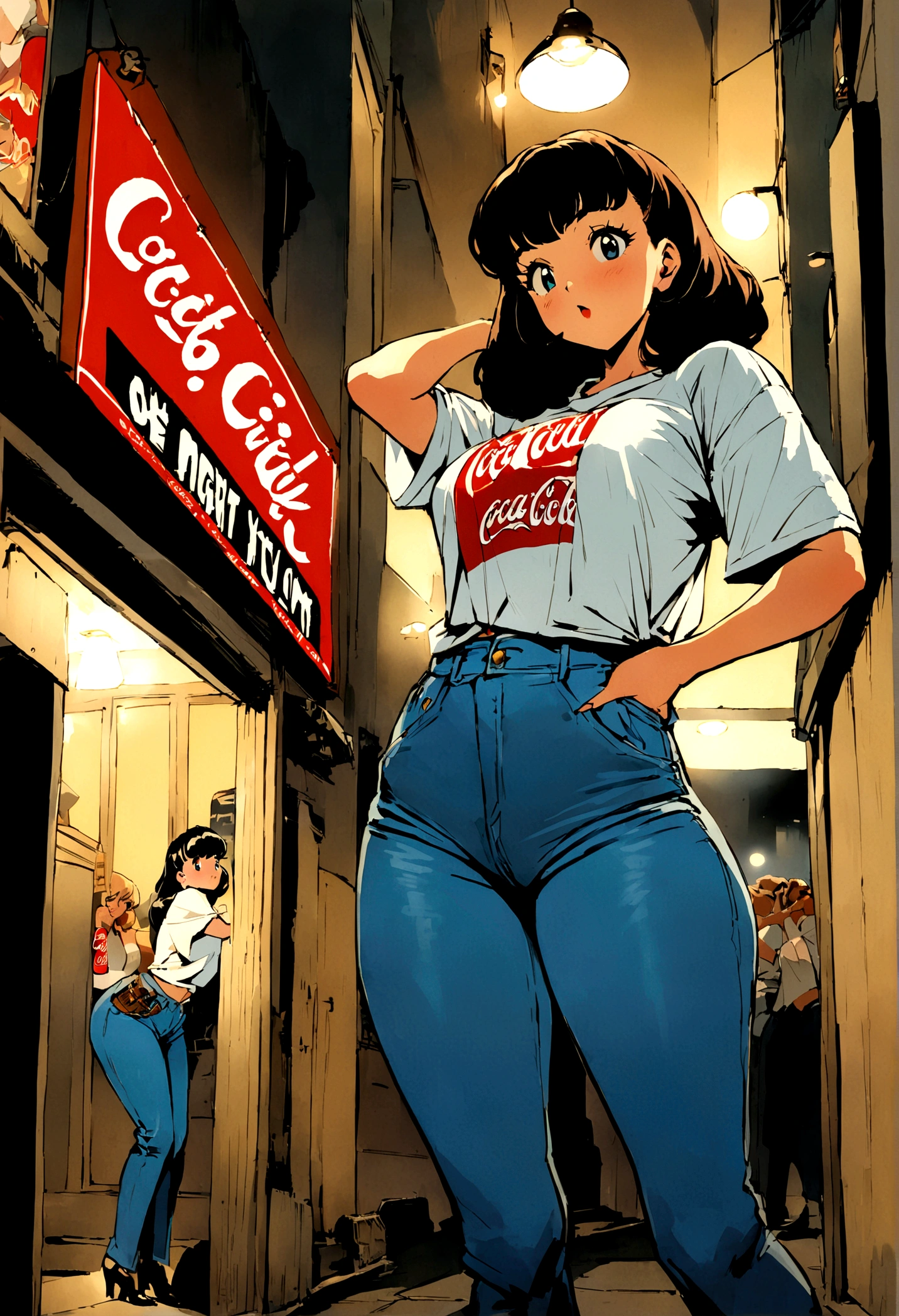 (vintage),(Retro),(Cartel), coca cola advertising with perfect girl, clothing oversized blue jeans and white t-shirt with open waist(sexy), military environment, Masterpiece, comics(tokyo city) (1990) night atmosphere, with city lighting