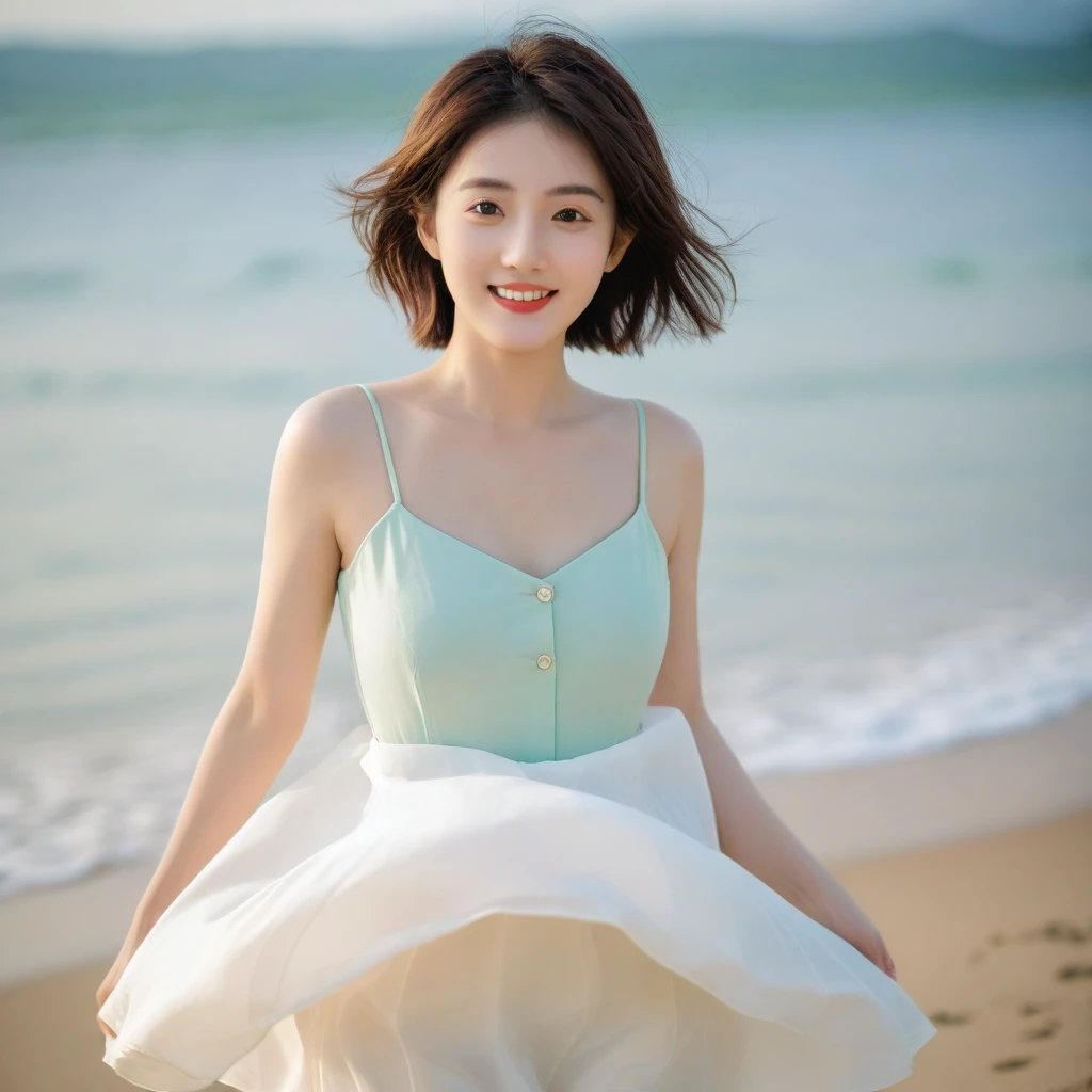 beautiful korean girl, Chest size 34 inches, Wear sleeveless, light skirt, sunset beach . beautiful pretty woman look , wearing a light skirt , Go far into the sea water and dip your toes., Short medium hair blowing in the wind, 1 woman, beautiful eyes, a little smile, Full body photo from a distance with a wide angle lens.