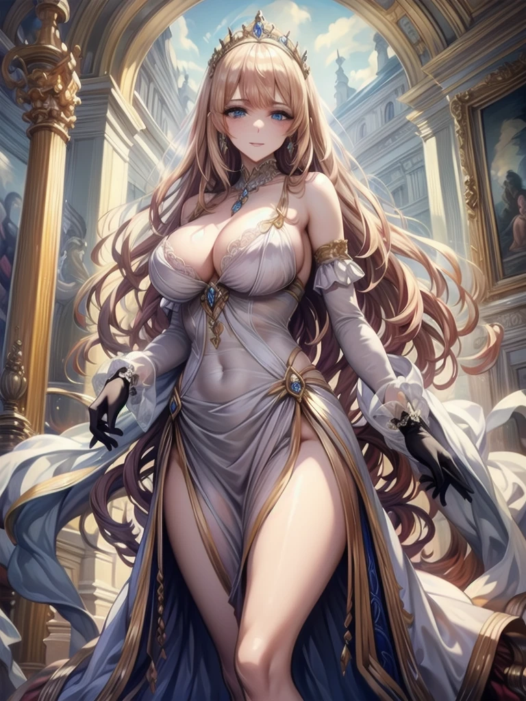 Highest quality、masterpiece、8K、Realistic、超High resolution、Very delicate and beautiful、High resolution、Cinema Lighting、medium range shooting、Portraiture、Perfect female body、Beautiful woman、Mature Woman、Opposition、(Big Breasts:1.4)、Looking at the audience、(Princess of Another World、Gorgeous Dress、Shining Jewels、Long white hair、blue eyes、Elegant behavior、Palace Gardens、A delicate tiara、Silk gloves、Embroidered gown、royal coat of arms、Gold Jewelry)、Audience Room、Elegant smile、traditional ceremony、Palace balcony、Historic Royal Family、Otherworldly background、Symbols of the Kingdom。