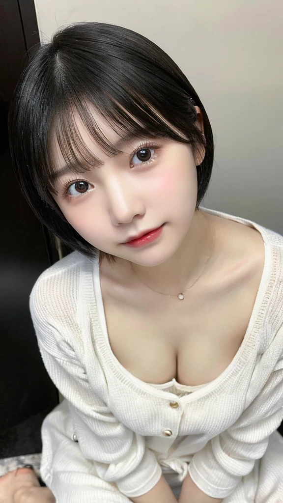 one girl,japanese,cute, masterpiece, textured skin, Highest quality, wear White pajamas,short hair,black color