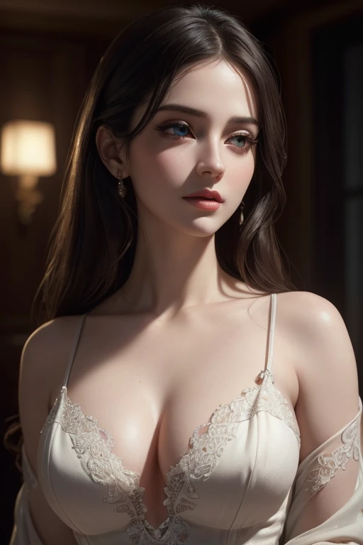 (beautiful detailed eyes, beautiful detailed lips, extremely detailed face, long eyelashes), 1woman, sensual breasts, pale skin, erotic, elegant, cinematic lighting, dramatic shadows, warm color tones, chiaroscuro, oil painting, photorealistic, hyperrealistic, (best quality, 4k, 8k, highres, masterpiece:1.2), ultra-detailed, (realistic, photorealistic, photo-realistic:1.37), HDR, UHD, studio lighting, ultra-fine painting, sharp focus, physically-based rendering, extreme detail description, professional, vivid colors, bokeh