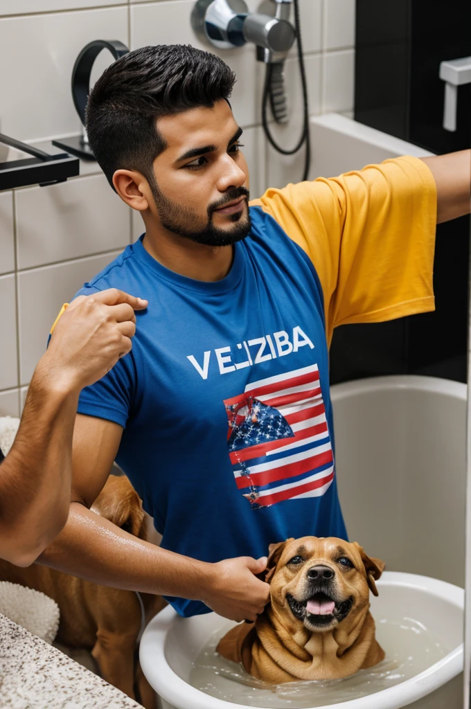 Person bathing his dog with the Venezuela t-shirt
