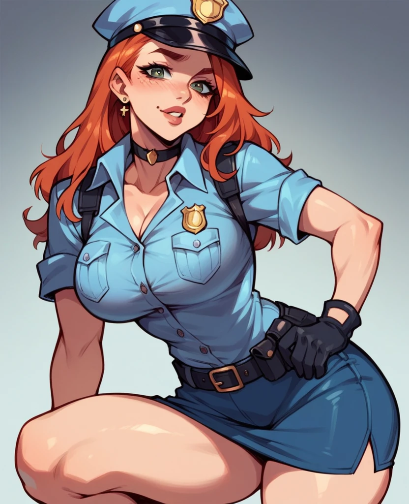 Busty redhead police officer talking to a small brunette boy