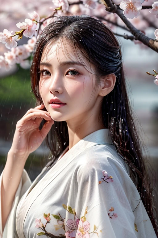 ((Highest quality、masterpiece、8K))、Anatomically correct、Very detailed、High resolution、Realistic、Beautiful white skin、Beautiful, bright, almond-shaped, detailed eyes、Well-formed nose bridge、Intricate details、((Wet kimono with cherry blossom pattern 1.1))、((Wet Hair:1.1))、((Wet Skin:1.1))、((rain:1.2)),Spread your arms
