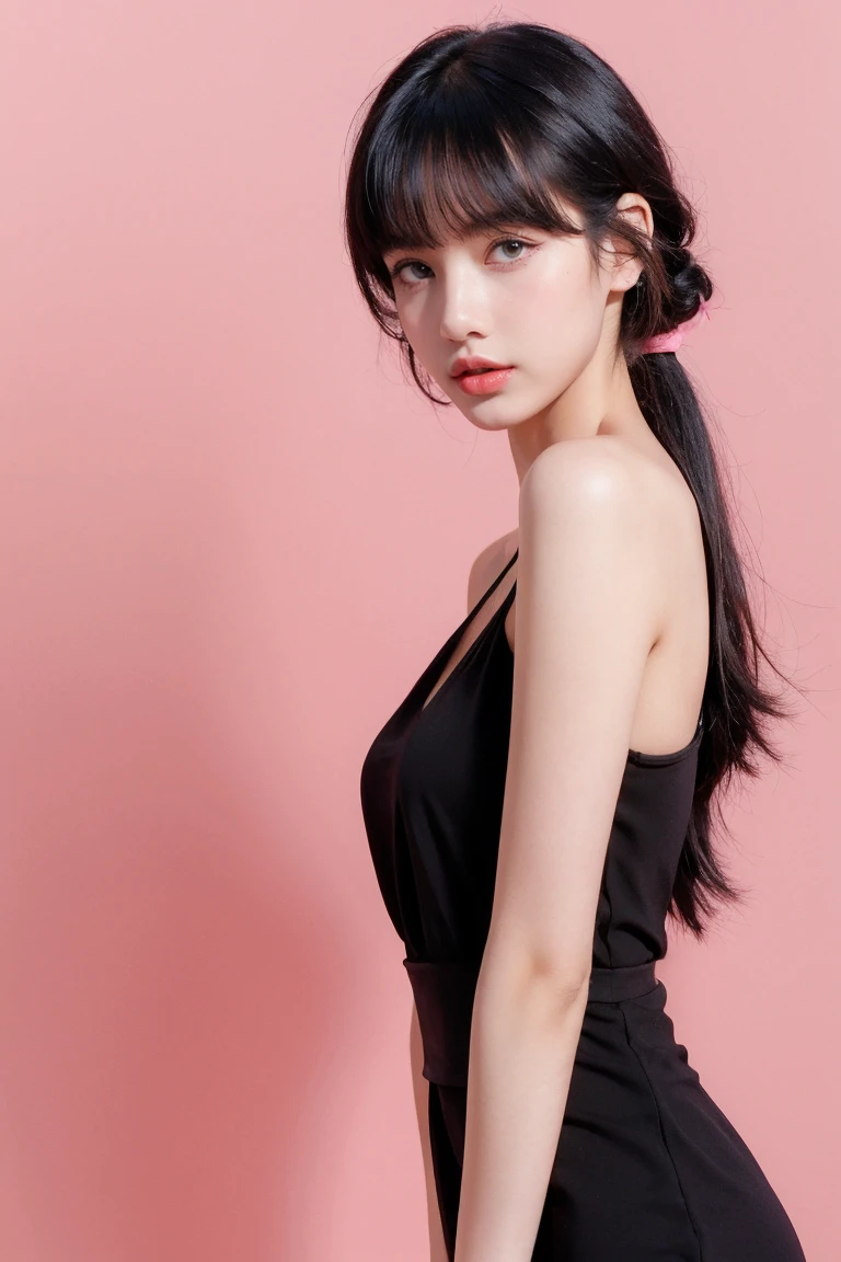 21yo girl, pink background, beautiful black dress