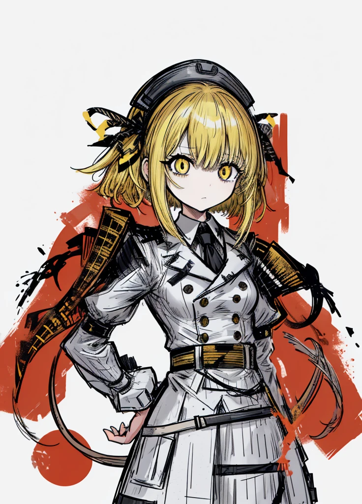 1girl, yellow eyes, yellow hair, bangs,short hair, long pigtails,hair between eyes , diana,
(high resolution, high detail, best quality), annoying, believed, military,flat breasts