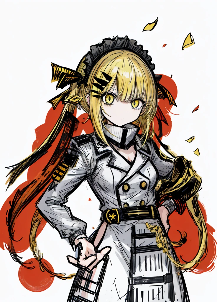 1girl, yellow eyes, yellow hair, bangs,short hair, long pigtails,hair between eyes , diana,
(high resolution, high detail, best quality), annoying, believed, military,flat breasts