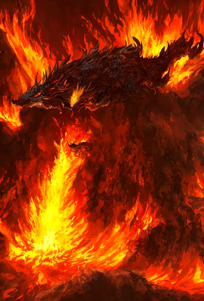 best quality, masterpiece, big fire dragon, volcano eruption, fire storm,