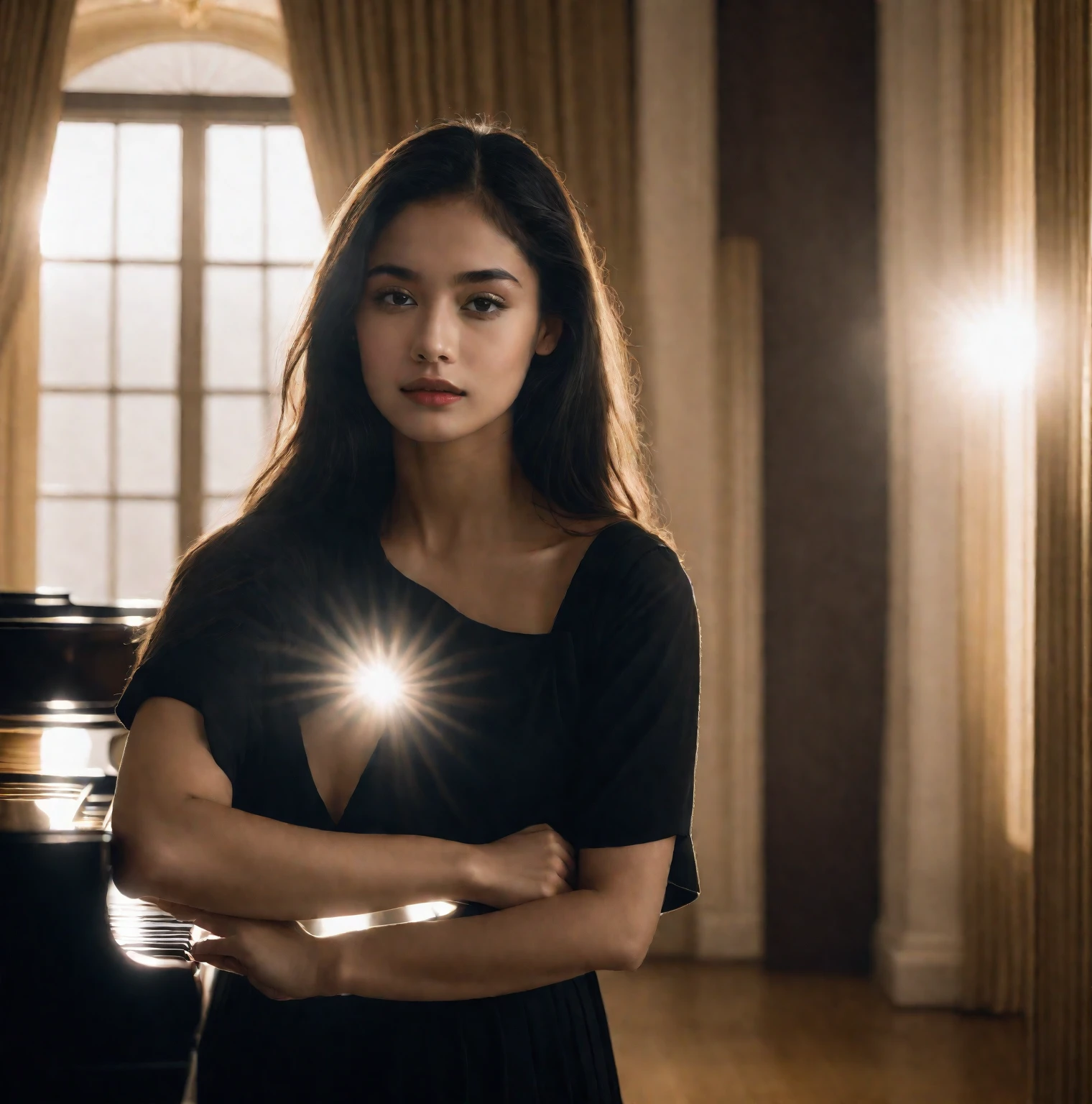 a woman standing in front of a grand piano in a room, black_skirt, cover photo portrait , RAW Photo, Best Quality), (Realistic, Photo Realistic: 1.3), Best Quality, Highly Detailed, Masterpiece, 1 Girl, upper_body, black_long_hair, Best Quality, golden hour light