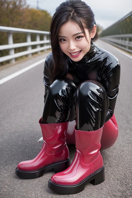 (Tabletop:1.0), (highest quality:1.4), (High resolution:1.2), (Realistic:1.4), (8k, RAW Photos:1.2), (Soft Focus:1.4),(close up:1.2),break,a girl posing and wearing eroded slime turtleneck racing suit and eroded slime skirts,Smiling while taking a photo.............................................................,(a girl wearing eroded sticky slimy cream aodai and sticky slimy long pants:1.4),(sticking out their tongue:1.2),BREAK,Smooth and tight boots, Clear skin,latex, Translucent body,latex Shiny,Perfect Fingers,(Shiny latex gloves:1.2), gloves that fit their skin,break,BREAK,bob hair,(vermilion hair:1.2),(smile:1.2),glossy Shiny reflective, Makeup,Japanese Goddess, Glowing Skin,Gorgeous Japanese Model,Shiny,Shiny,(eroded liquid black boots:1.2),(wide boots:1.3),wrinkles,break,Detailed Background,(on the bridge road:1.1)