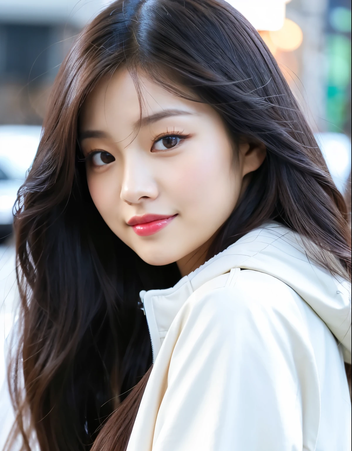 a close up of a woman with long hair and a white jacket, blackpink jennie, wan adorable korean face, popular south korean makeup, jossi of blackpink, tzuyu from twice, portrait of jossi of blackpink, popular korean makeup, portrait of female korean idol, jaeyeon nam, lee ji - eun, lee ji-eun, beautiful south korean woman