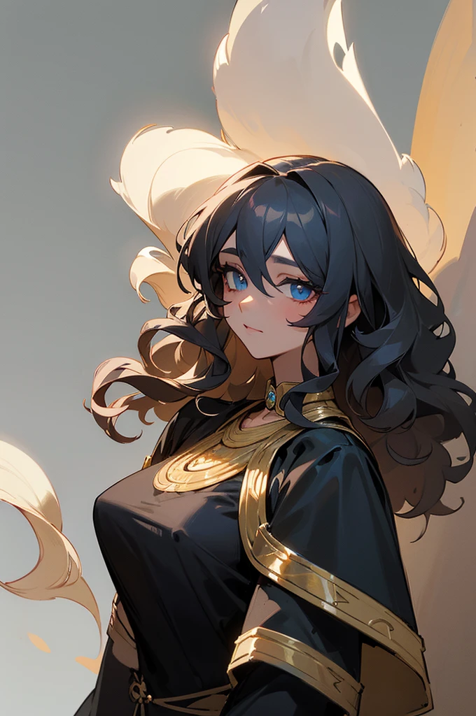 (high-quality, breathtaking),(expressive eyes, perfect face) 1girl, female, solo, young adult, dark black color hair, blue highlight in hair, tanned skin, pale light blue eye color, medium hair length, fluffy spiky hair, wavy curly hair, black dress with gold trim, tunic, Greek Goddess, Ancient Greek Dress, Greek Clothes, Symmetrical Eyes, portrait, halfbody, positive expression, grey background, elegant, mature, beautiful, soft smile, hair between eyes, SunsetHuman, collar