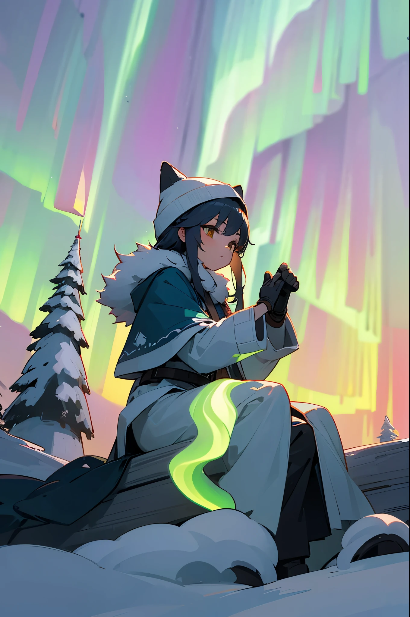 nigh sky, stars(Skysky), landscapes,Aurora, 1girl in, solo, Fluffy fur worn by Eskimos、warm pants、Warm gloves、fur hat、Looking away:1.5、(((watching the aurora:1.2)))、Looking away,plein air, built, cloud,Aurora, sitting on, The tree, length hair, silhuette, snow mountains,top-quality,High quality detailing,8K