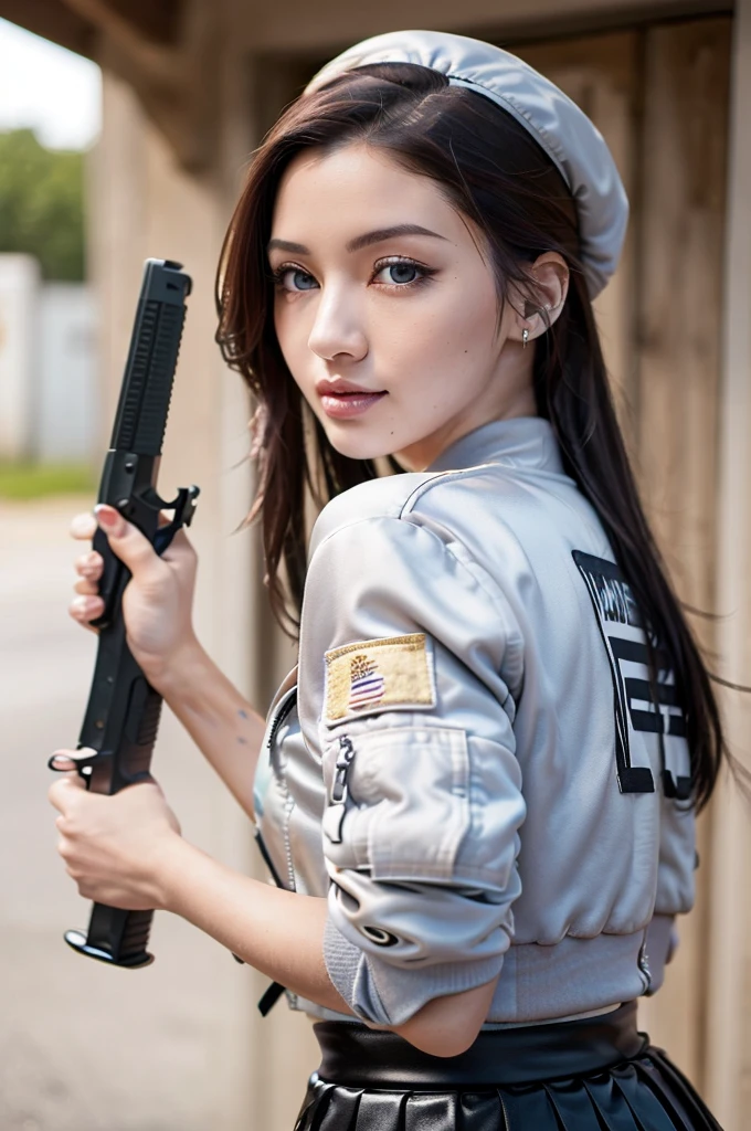 ((Masterpiece)), ((Best Quality)), (Ultra-Detailed), (Raw Shooting), (Photo Realistic), ((Kawaii)), Cute, ((Extremely Detailed)), (Detailed Eyes), (Detailed Facial Features), (Detailed Fingers), (Detailed Clothes Features), Best Quality, (Beautiful), (Cowboy Shot:1.3), (suburban neighborhood:1.3), sunset, A Pretty Woman, Solo, (Satin bomber jacket Combat Uniform:1.3), (Satin Skirt:1.3), (Black Combat Beret:1.2), Beautiful Light Brown hair, Beautiful Blue Eyes, ((Beautiful Eyes)), Long Hair, White Teeth, (Hold a Assault Rifle at The Ready 1.3), (Great Joy:1.2), Shine with Colored Light, Shiny