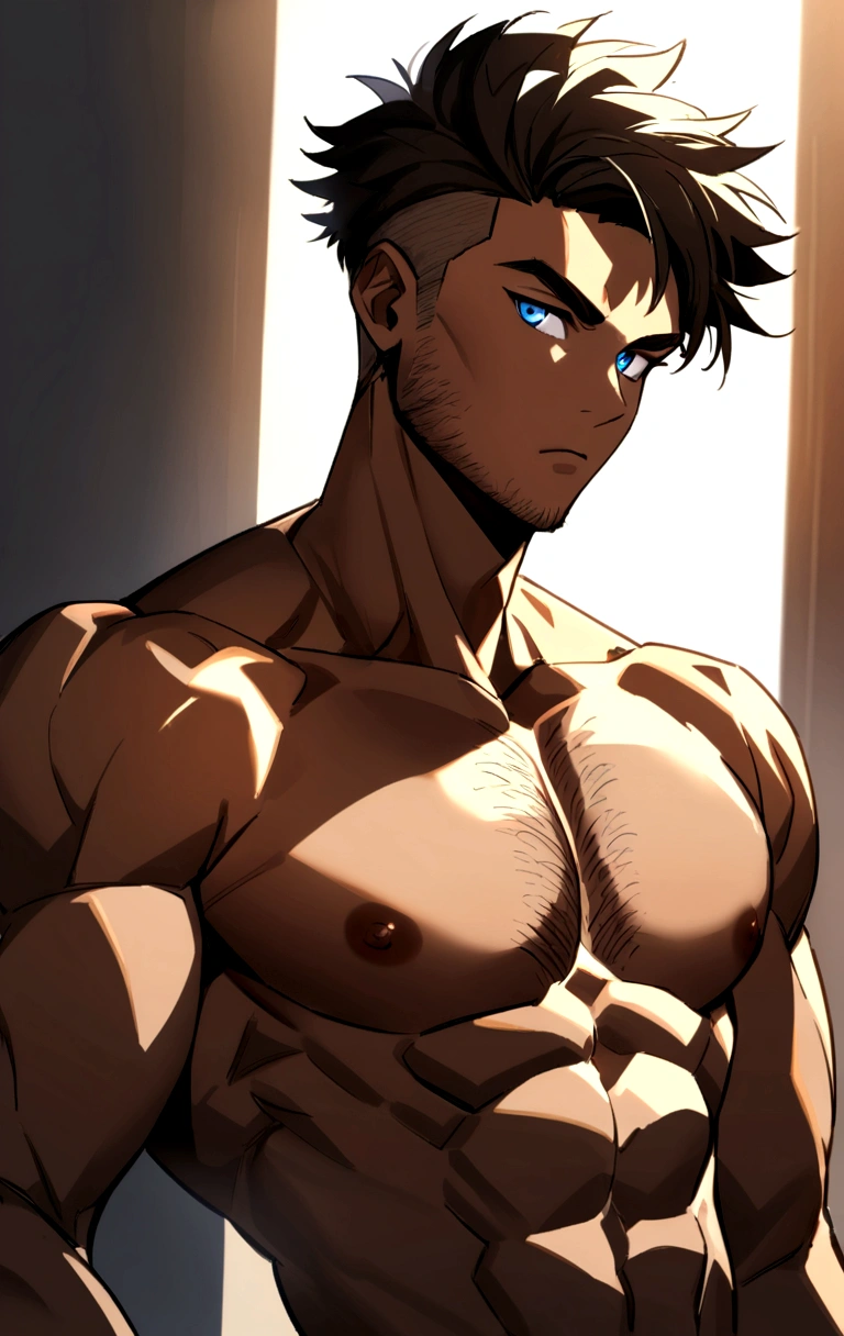 A 28 year old tanned skin guy. Has brown undercut stylish hair, blue eyes, naked with hairy toned chest and posing fiercely (bust shot) with a little realism, wearing black gloves
