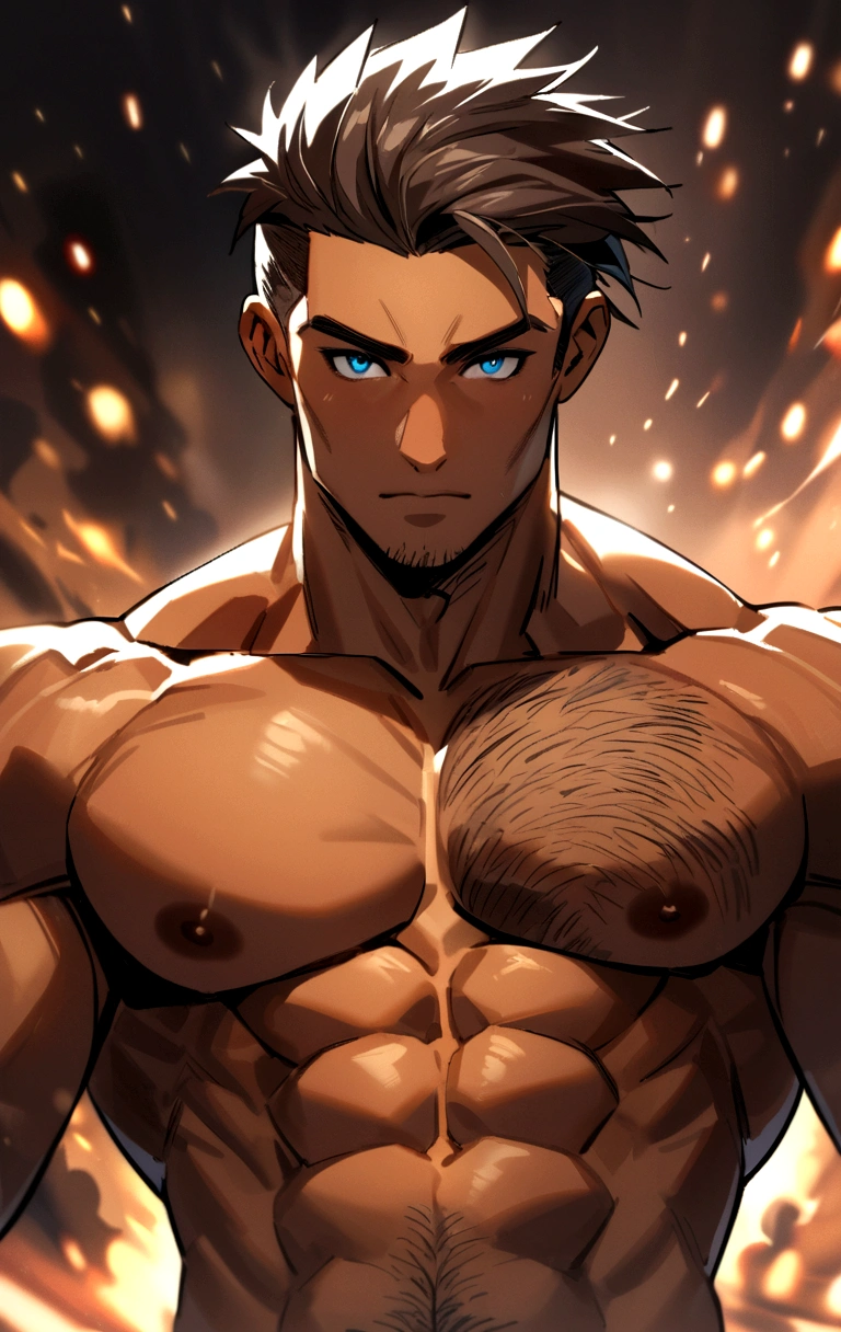 A 28 year old tanned skin guy. Has brown undercut stylish hair, blue eyes, naked with hairy toned chest and posing fiercely (bust shot) with a little realism, wearing black gloves