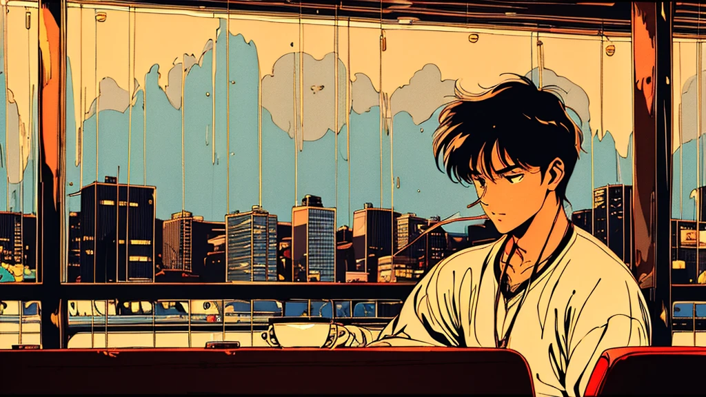 4k、jazz、90s、Vintage、tobacco、speaker、Saxophone、rain、Cool guy、night、City Boy、Retro、One person coffee Drinking coffee alone at a cafe