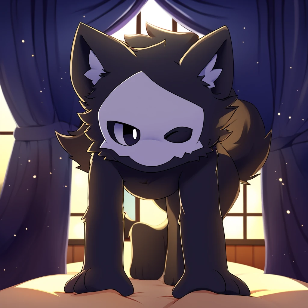  depth of field, perfect lighting, light particles,(best quality),(masterpiece),(ultra detailed),sharp focus, puro, smile, solo, tail, pov, close-up, upper body, windows, curtains, bedroom, all fours, one eye closed,