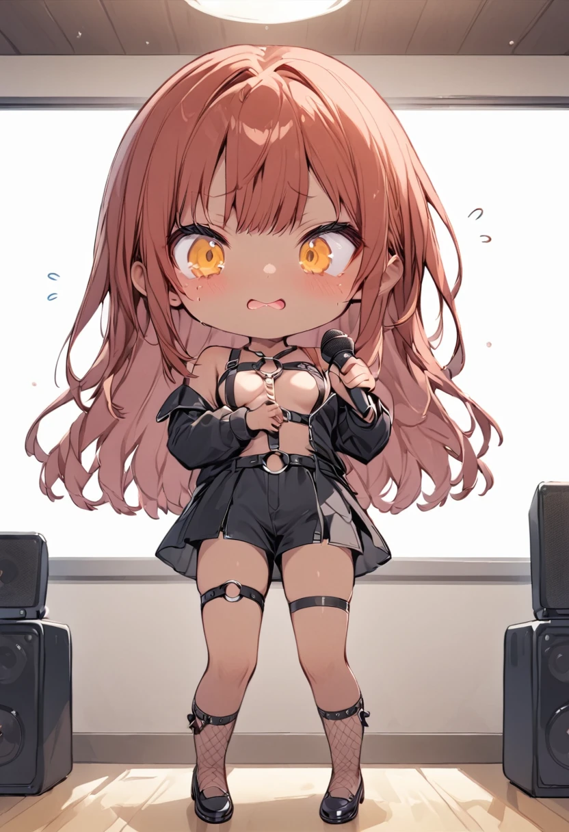 full body,1 girl, (cute:1.3),short red Hair, left eye blue, right eye yellow, tan skin, freckles, oversized black skirt, Black fishnet stockings, chest harness, black shirt, shorts, Shoes, O-Ring, off shoulder, medium breasts, thigh strap, fishnet stockings,Glossy, shiny material, chibi emote, chibi character, chibi, holding microphone, singing into microphone, singing, karaoke, embarrassed expression 