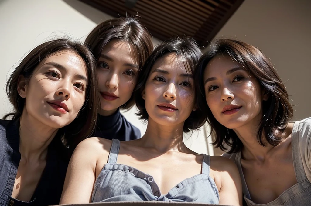 (masterpiece : 1.3), (3 mature woman : 1.5), (they all are looking down at viewer : 1.3), (view from below : 1.3), (3 woman standing side by side : 1.3), (they are all 65 years old : 1.4), beautiful mother, (they all have face wrinkles : 1.3), (gentle smile : 1.4), (different hairstyle), (different face), (they all are wearing apron : 1.3), (Each has a different size of breasts),(in a small room : 1.3), (they all are same height : 1.1), pores, skin blemishes, fleckles, realistic detailed skin, (focus on the chest from below : 1.3), dark lighting, (reaching hands towards viewer : 1.1)