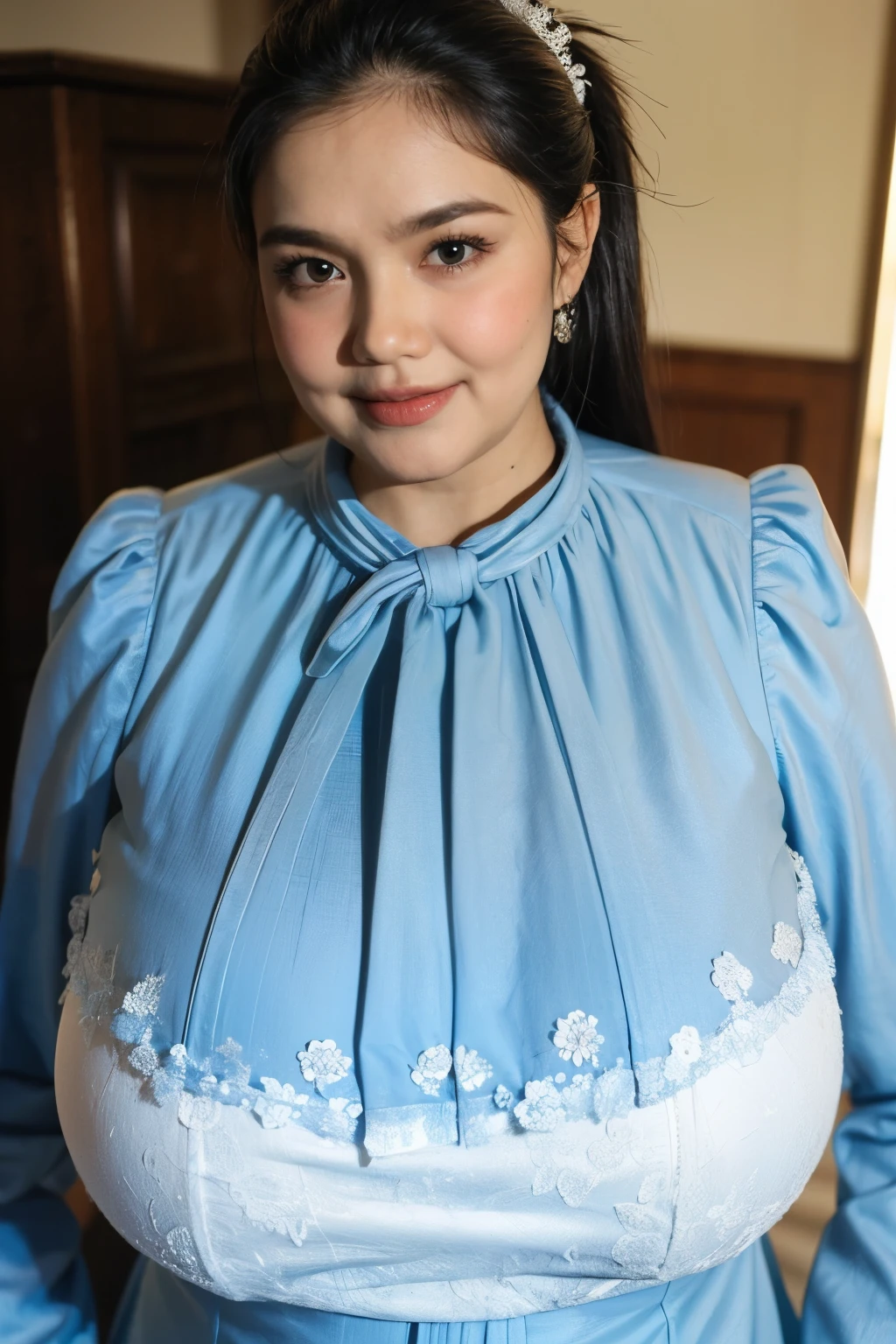 (Old Lady:1.8), Transparent transparency, (Light Blue Chubby Strapless Dress), adorable, 1 girl, (face to face), 10 years old, baby face, happy, half body portrait, (face details: 1), (eye details:1), ((big breasts)). wearing transparent transparency long shirt, .. Cute posed. proportional body. Ultra High Res. realistic: 1.4, UHD, poke a bun Hairstyle , lace 
