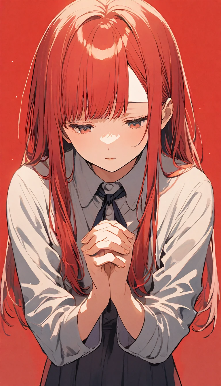 Girl Redhead Straight Hair Head Tie Blue, pray, Red background,
