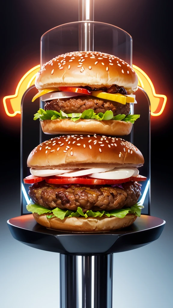 Brand logo with a hamburger written hamburger thousand degrees, neon background, mirrored and real details