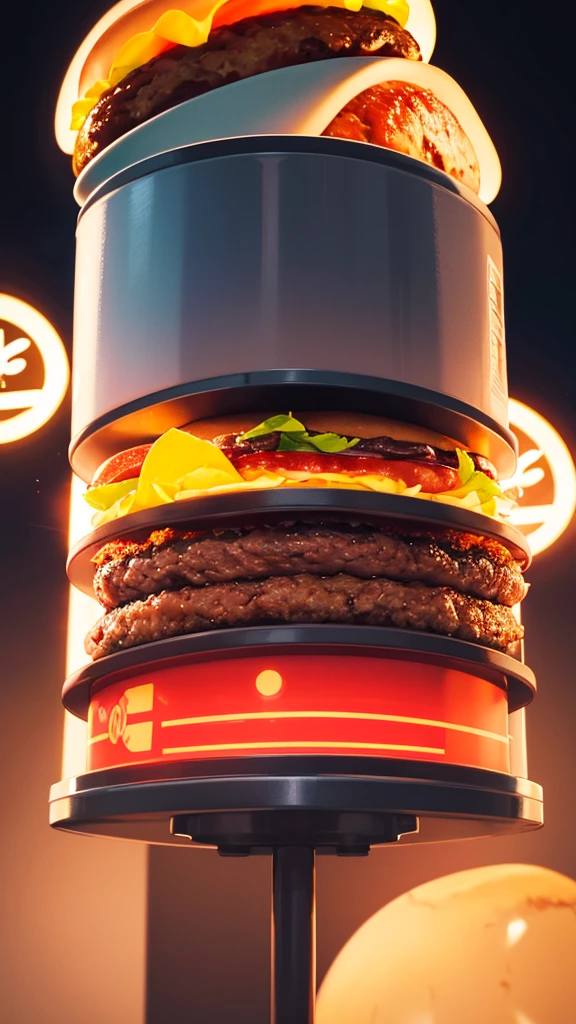 Brand logo with a hamburger written hamburger thousand degrees, neon background, mirrored and real details