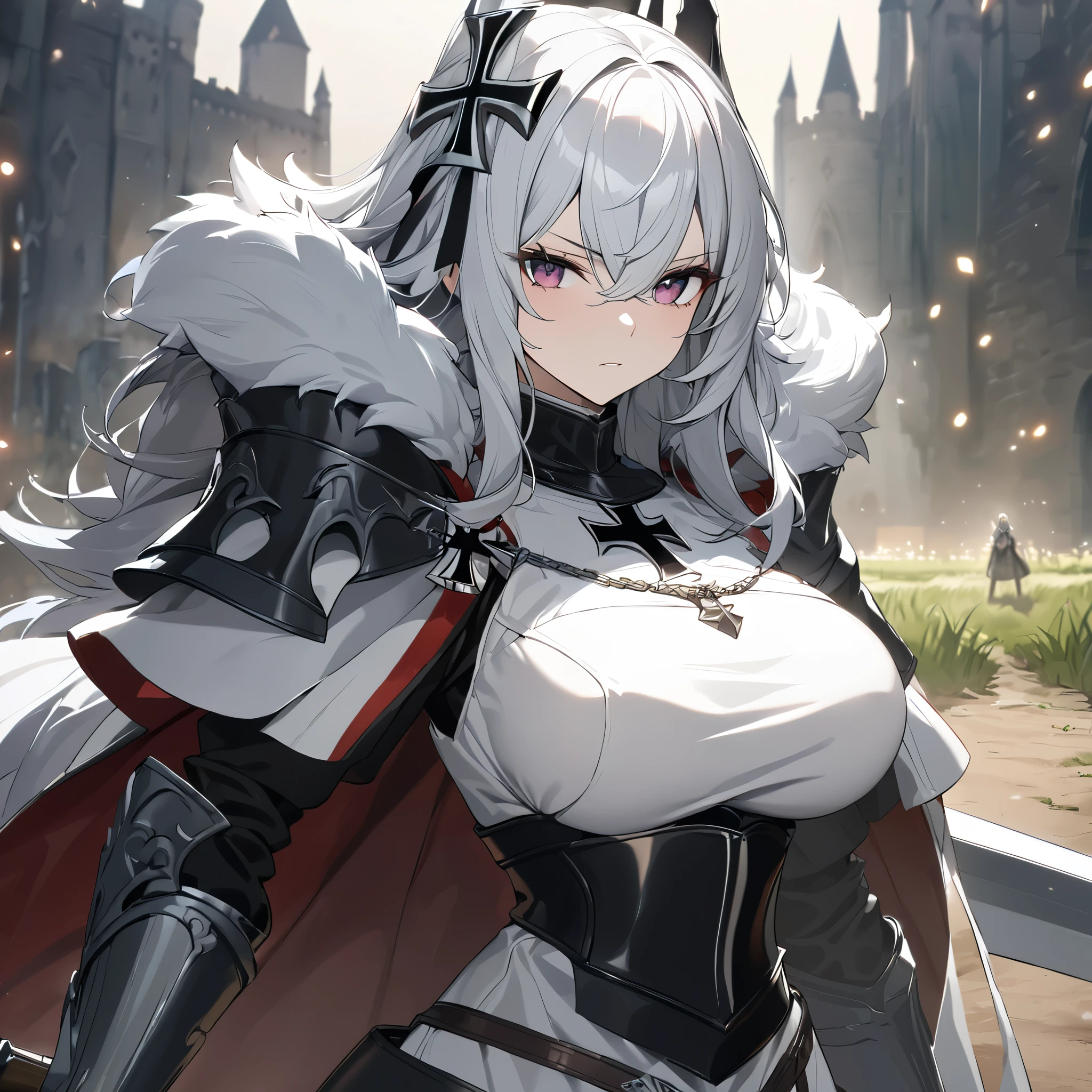 A woman wearing medieval Teutonic armor, wearing a white tunic, black iron cross drawn on the tunic, metal bracelet, metal boots, holding a steel sword,Teutonic Helm, white fur cape, long cape, large breasts, burgundy eyes, silver hair , long hair, serious face, on a dirt walk in an open medieval field, with medieval aesthetics of the place, castle in the background.UHD , prime work , accurate , anatomically correct , textured skin , super details , high quality , best quality, 8k, high resolution, bokeh effect. (woman alone), close view
