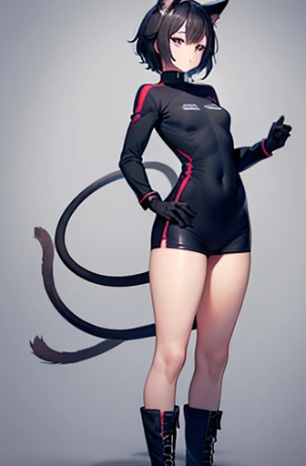girl, average stature, black hair and slim, athletic build a little ,dark blue eyes, pale, black and gray clothes. black gloves,short black boots tail ears,small white spots on ears and tail.