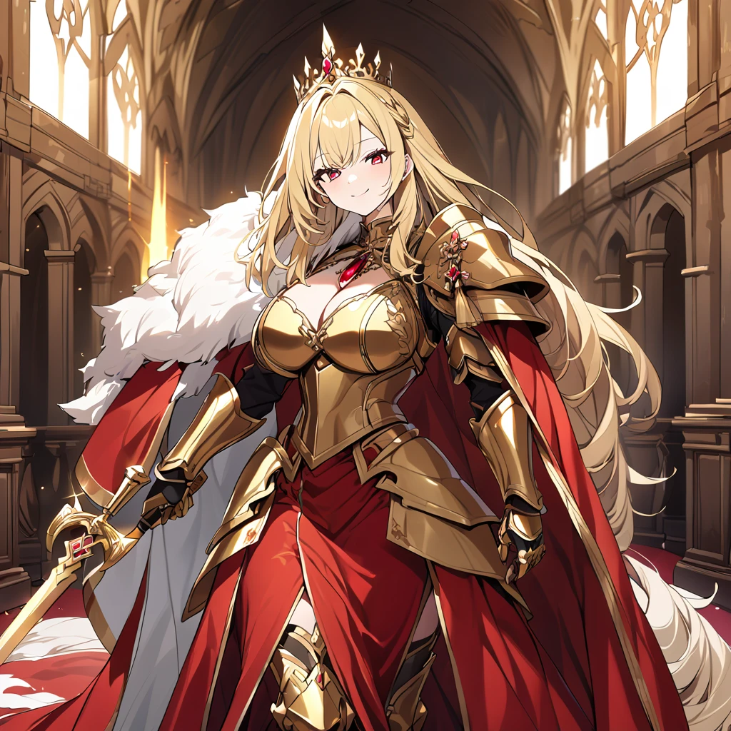 A woman wearing heavy golden armor with red ruby ​​on parts of the armor, very detailed armor, large armor, wearing a red fur cape, long cape, holding a golden sword, very detailed sword, golden shoulder pad with rubies, golden aura, power golden, power of light, golden boots, big breasts, standing in a royal king and queen, luxury room, red carpet, medieval aesthetics, medieval tiles on the walls, blonde hair, long hair, red eyes, smiling.
