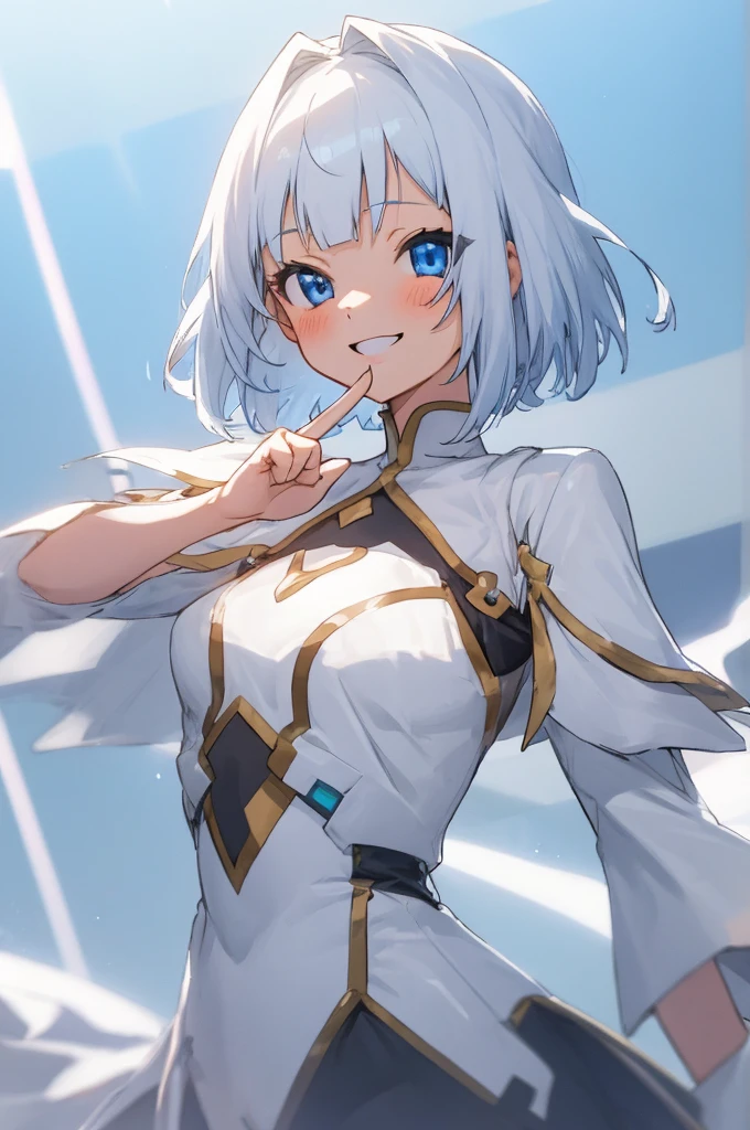 anime, girl, blue eyes, White haircut, cute smile, cheers, and showing two finger