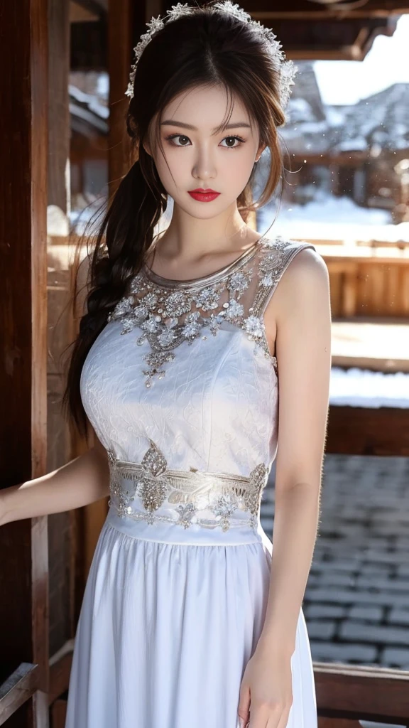 (8K,best quality,masterpiece:1.2),Ultra-high detail,Professional lighting,best quality,Ultra-high resolution,Visually stunning,Character Close-up,A woman with a single bun,Wearing a flowing white dress,Standing in the white snow,Her figure is particularly moving under the sunlight.,Real human skin,(Perfect body 1.3)Super delicate face。