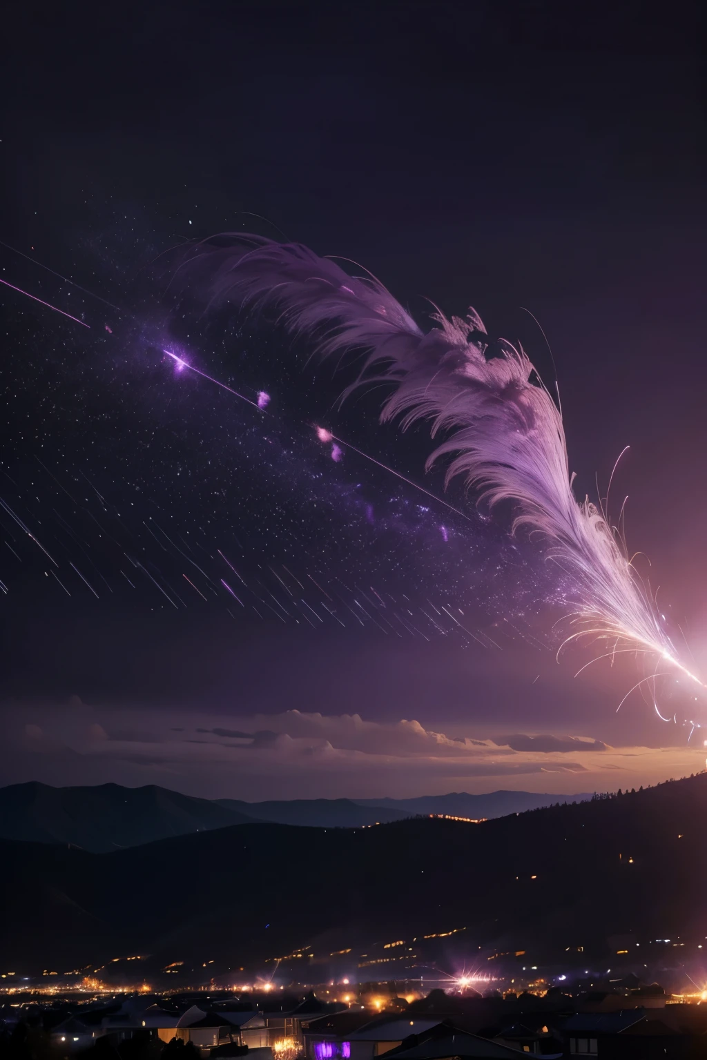 purple sky, raining purple money with fire, PICTURE REALISTIC