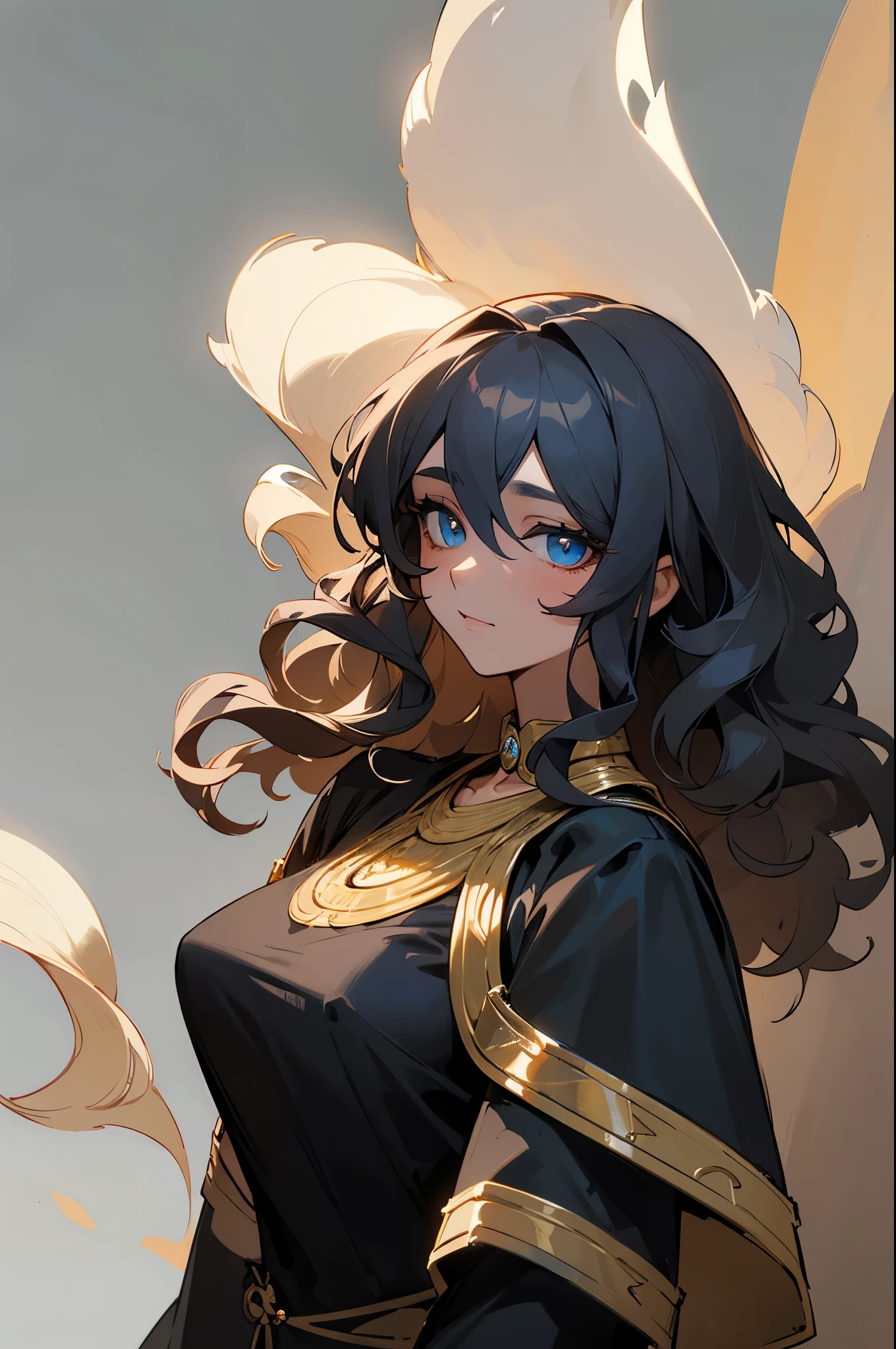 (high-quality, breathtaking),(expressive eyes, perfect face) 1girl, female, solo, young adult, dark black color hair, blue highlight in hair, tanned skin, pale light blue eye color, medium hair length, fluffy spiky hair, wavy curly hair, black dress with gold trim, tunic, Greek Goddess, Ancient Greek Dress, Greek Clothes, Symmetrical Eyes, portrait, halfbody, positive expression, grey background, elegant, mature, beautiful, soft smile, hair between eyes, SunsetHuman, collar