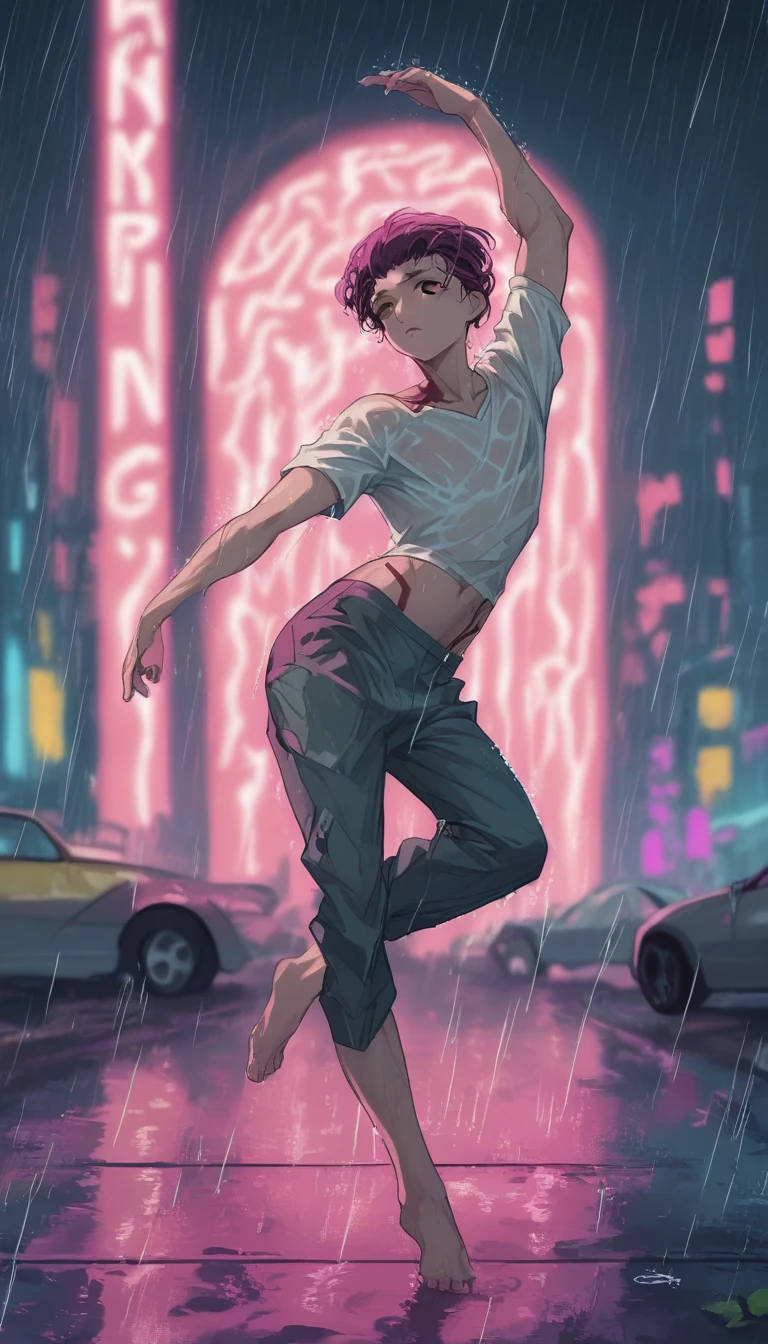 (Masterpiece, Best Quality, high resolution, 32k drive wallpaper, Extremely detailed CG:1), (weak illustration on stage:1.0), ((****ung handsome cyberpunk:1.5 dancing in the rain:1.7 )),(( cyberpunk night city:1.4)), neon signs futuristic cars,dark place rain, ((wet clothes magenta neon lights perfectly illuminating the young man:1.45) . 32k