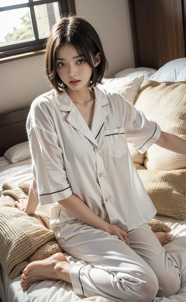 one girl,japanese,cute, masterpiece, textured skin, Highest quality, wear White pajamas,short hair,black color