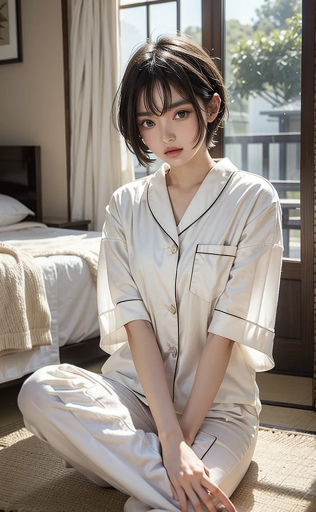 one girl,japanese,cute, masterpiece, textured skin, Highest quality, wear White pajamas,short hair,black color
