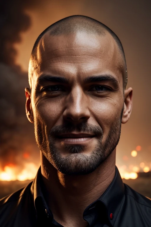 a man with an evil smile buttoning his shirt, raining in the city, fire burning in the background, Shaved head, red border lighting, 8k, UHD, [sincere, aficionado], cinematic lighting, Upper part of the body, Very detailed face, close up, serious face, villain