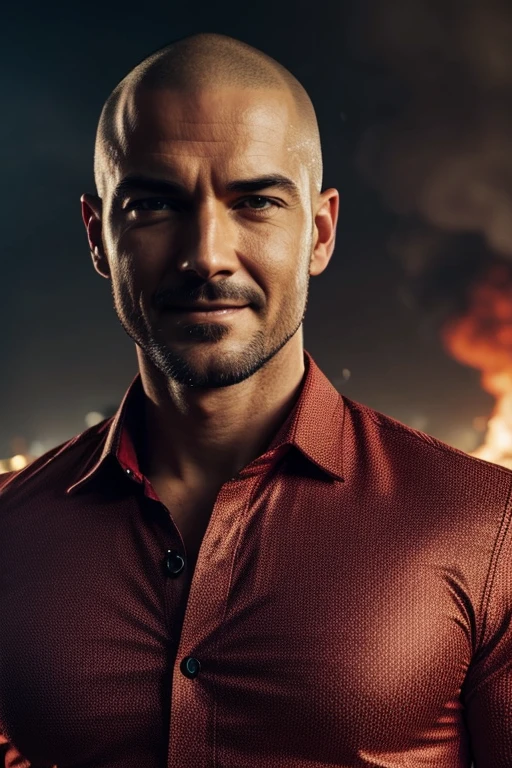 a man with an evil smile buttoning his shirt, raining in the city, fire burning in the background, Shaved head, red border lighting, 8k, UHD, [sincere, aficionado], cinematic lighting, Upper part of the body, Very detailed face, close up, serious face, villain
