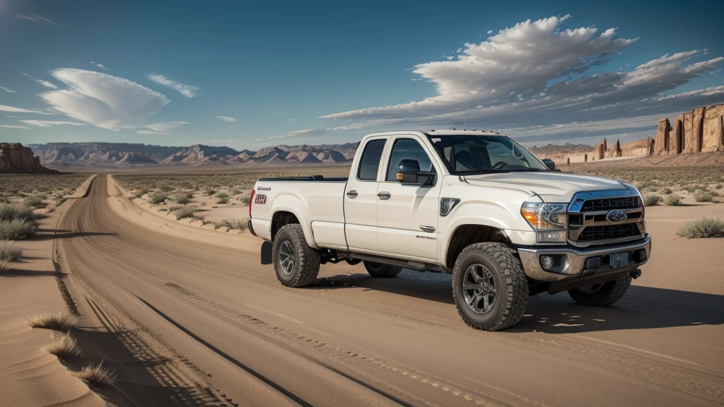 a highly detailed photorealistic image of a truck on a road near the desert, (best quality,4k,8k,highres,masterpiece:1.2),ultra-detailed,(realistic,photorealistic,photo-realistic:1.37),rugged truck, dusty road, vast desert landscape, dramatic lighting, warm color tones, rolling hills, shimmering horizon, sand dunes, clear blue sky, wispy clouds