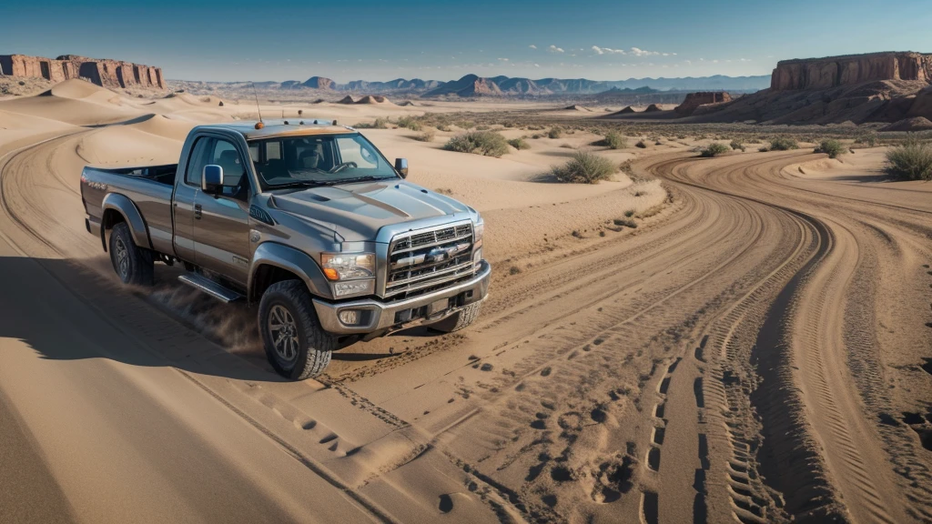 a highly detailed photorealistic image of a truck on a road near the desert, (best quality,4k,8k,highres,masterpiece:1.2),ultra-detailed,(realistic,photorealistic,photo-realistic:1.37),rugged truck, dusty road, vast desert landscape, dramatic lighting, warm color tones, rolling hills, shimmering horizon, sand dunes, clear blue sky, wispy clouds