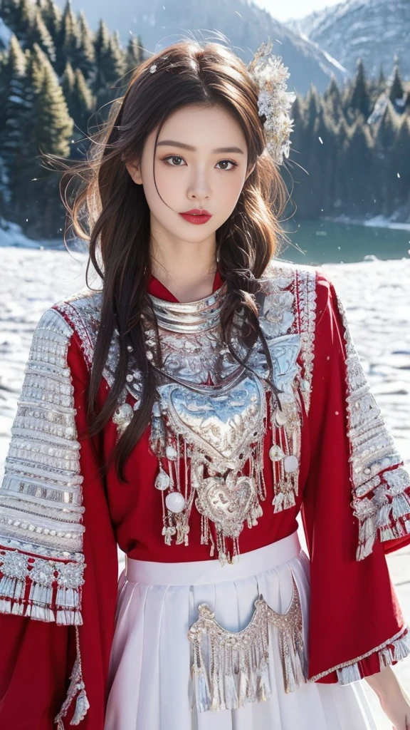 （8K，best quality，masterpiece：1.2），Ultra-high detail，Professional lighting，best quality，Ultra-high resolution，Visually stunning，Character Close-up，A woman holding flowers，Wearing wide sleeves，Her long hair was gently tied up，Revealing the slender neck，Together with the surrounding snow scenery, it creates a tranquil and mysterious atmosphere，Real human skin，（Perfect body 1.3）Super delicate face。